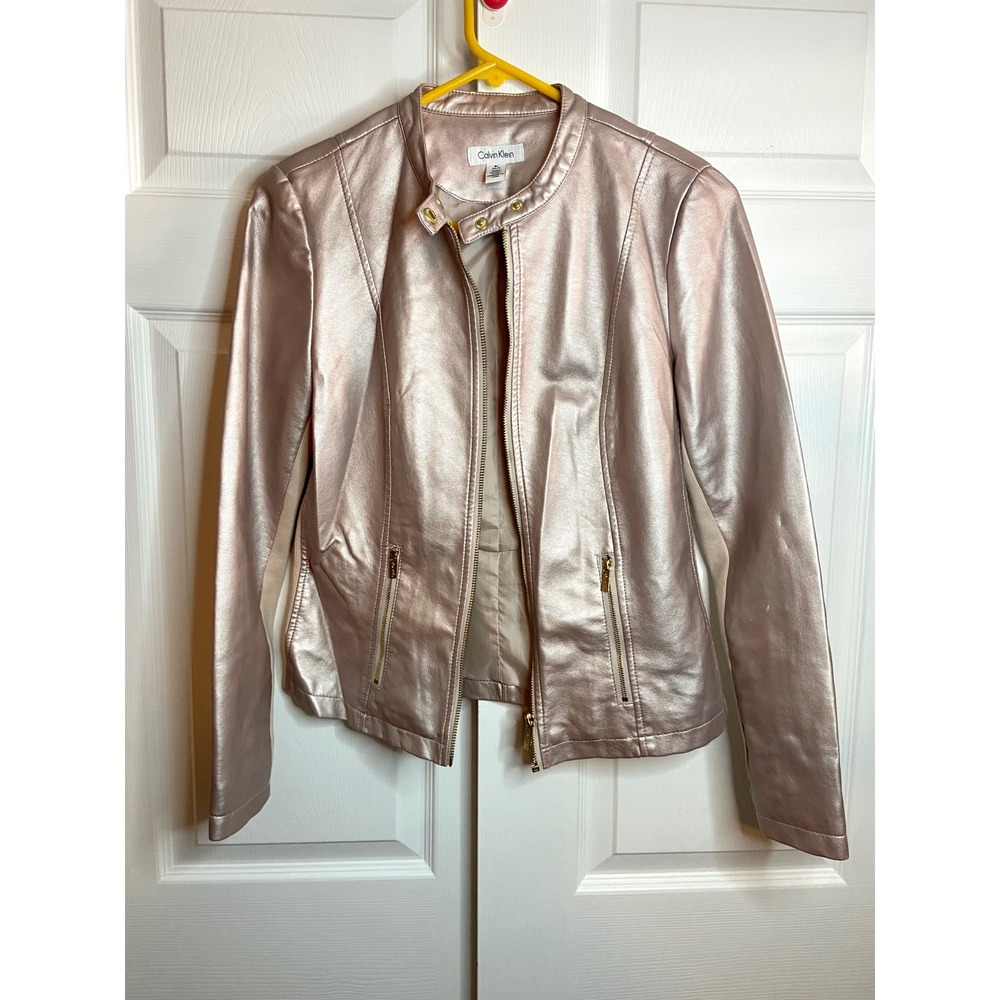 Calvin Klein Womens Metallic Rose Gold Faux Leather Moto Jacket K7BC0166 Small